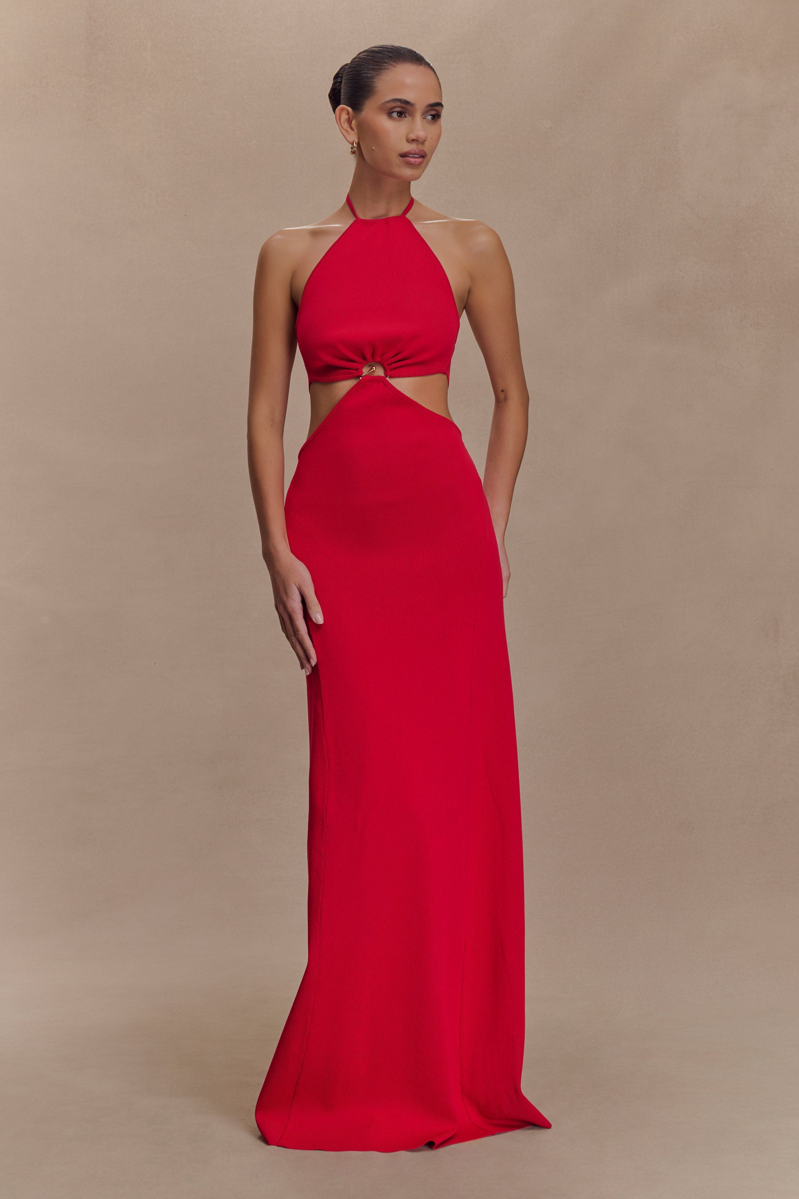 Marlowe Halter Knit Maxi Dress - Red